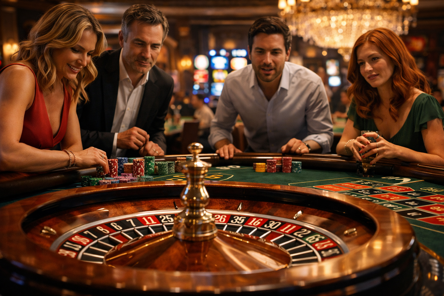 Spillere samlet omkring et roulettebord i et eksklusivt casino