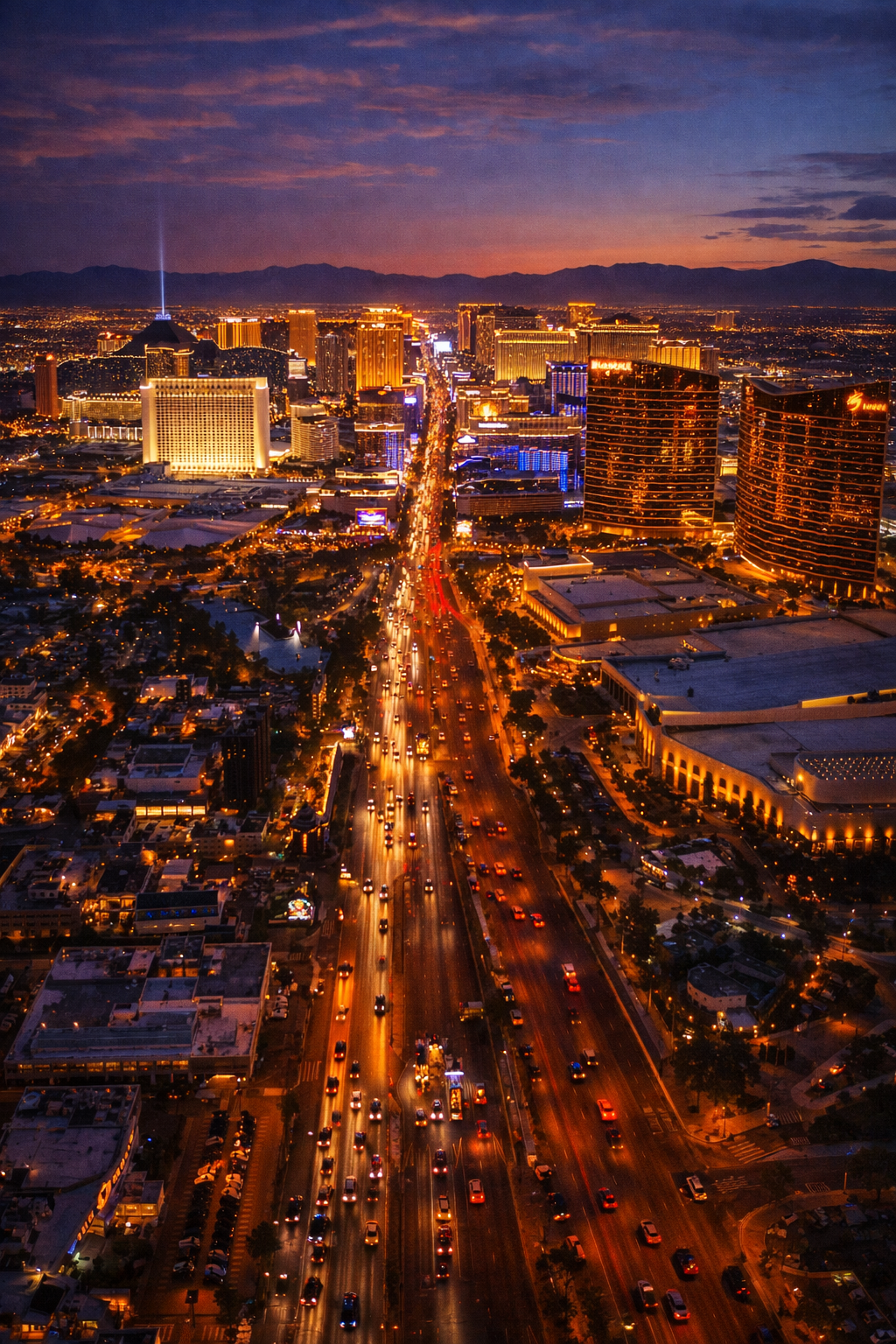 Las Vegas Strip set fra luften i skumringen med oplyste casinohoteller, tung trafik og bjergene i baggrunden.