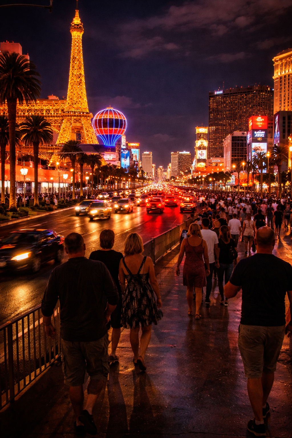 Las Vegas Strip om aftenen set fra gadeniveau med lysende hoteller, tæt trafik og mange mennesker på fortovet.