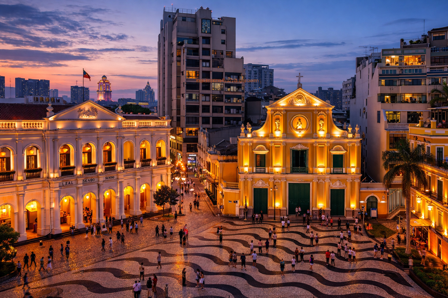 Senado Square i Macau med historiske bygninger og aftensstemning