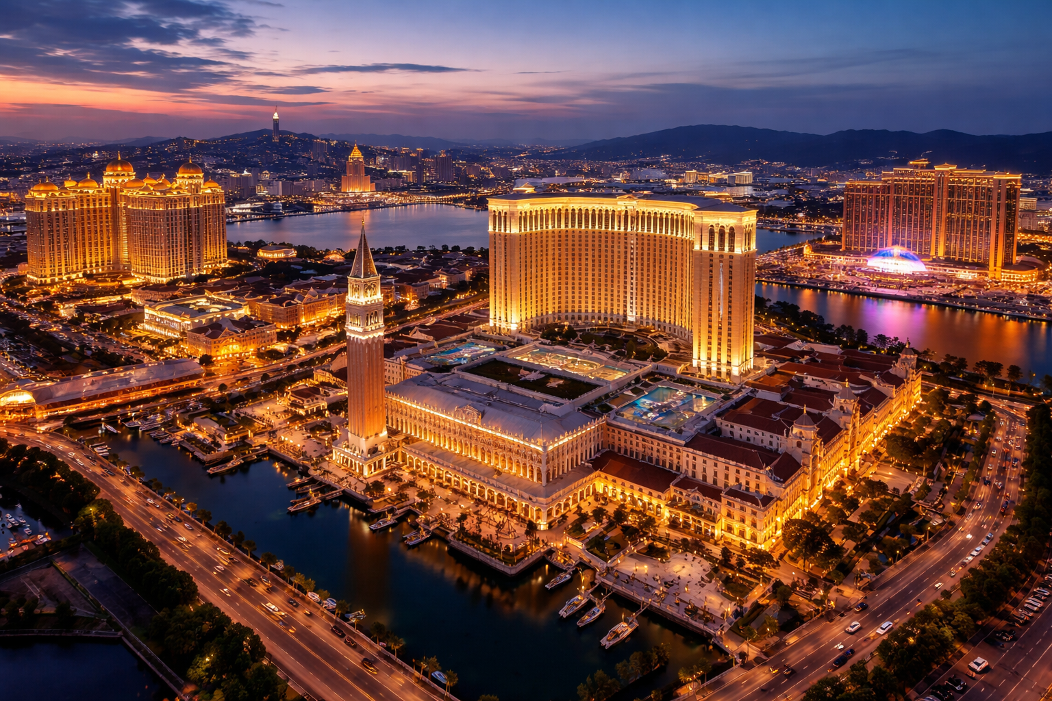 Macau om natten med oplyste casinohoteller og skyline
