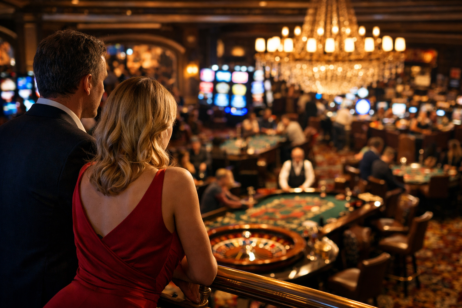 Elegant par med udsigt over et travlt casino-gulv