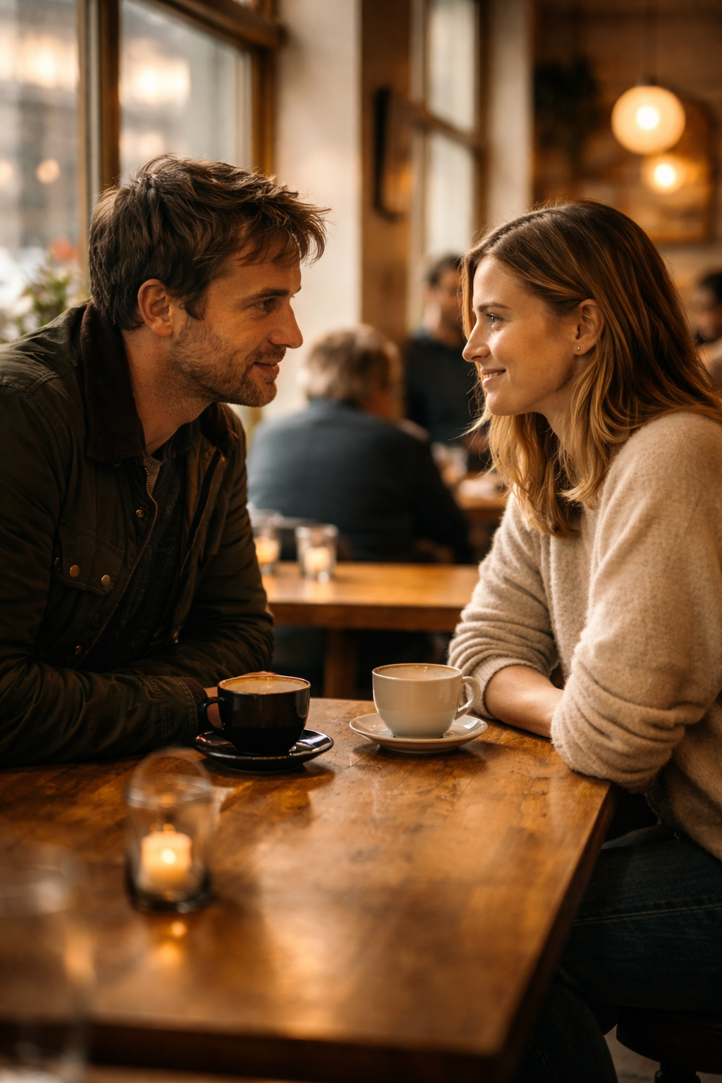 To voksne mødes første gang på en café med nysgerrighed og begyndende tiltrækning.