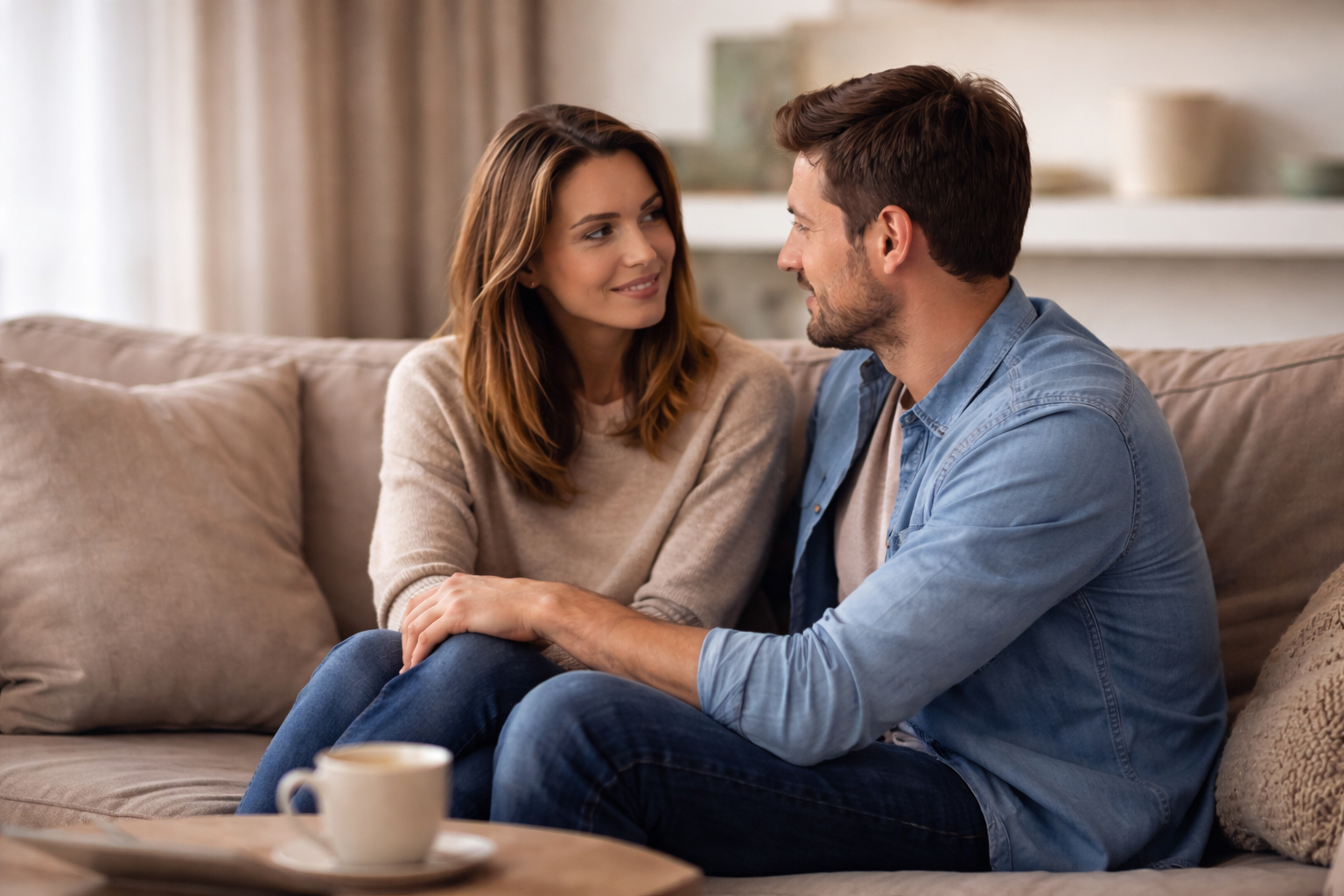 Par i 30’erne i rolig samtale i sofa – relation, tryghed og kommunikation