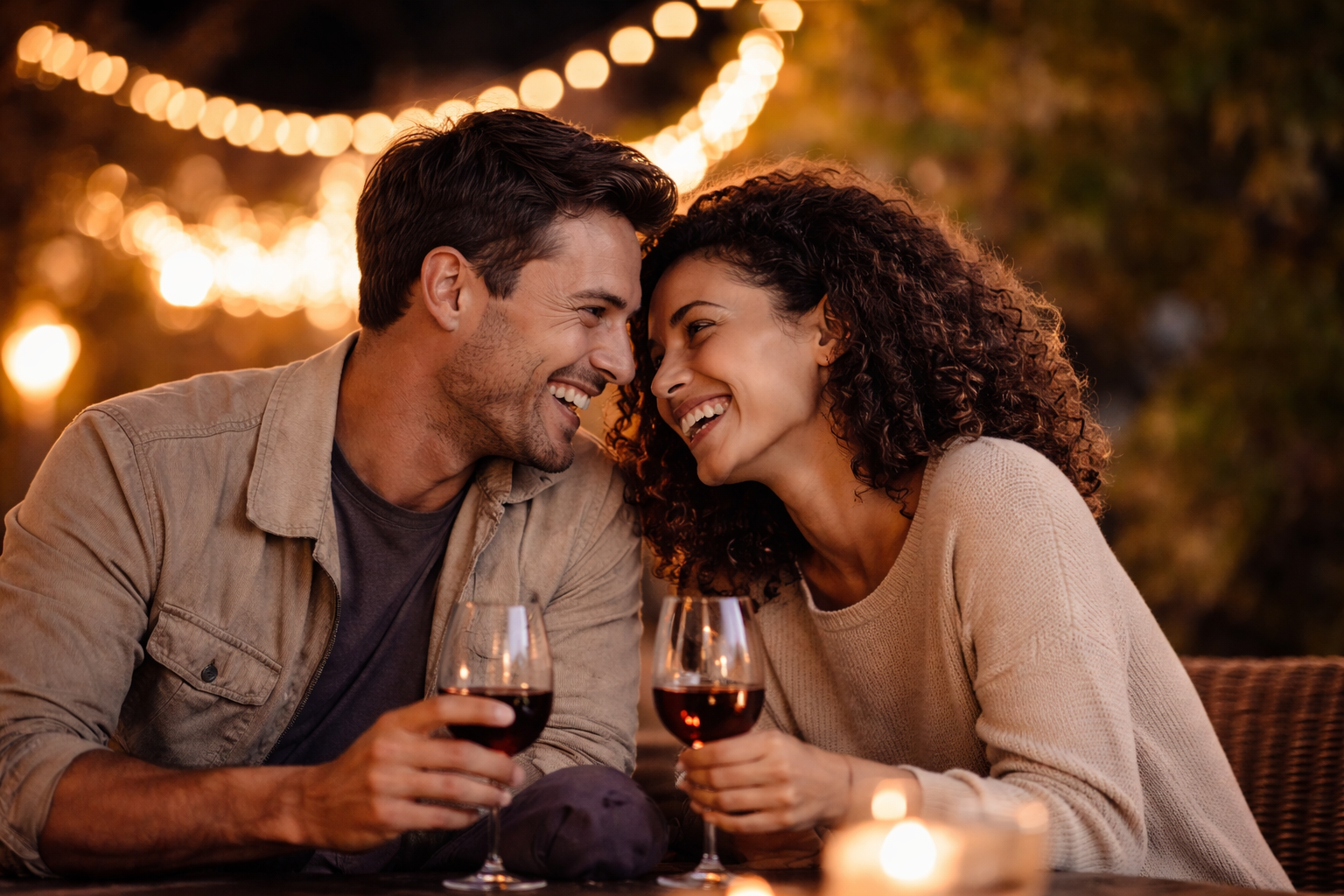 Romantisk par på date med øjenkontakt og varme smil – tiltrækning og forelskelse
