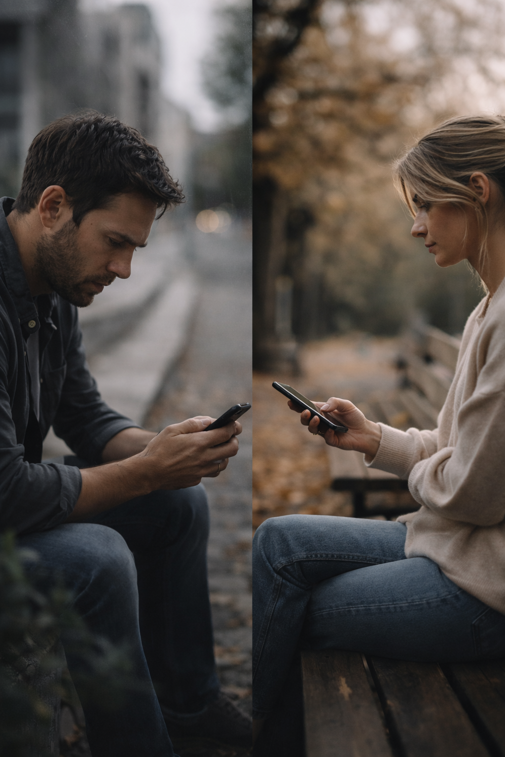 To mennesker sidder hver for sig med telefoner og illustrerer stilhed, venten og manglende kontakt