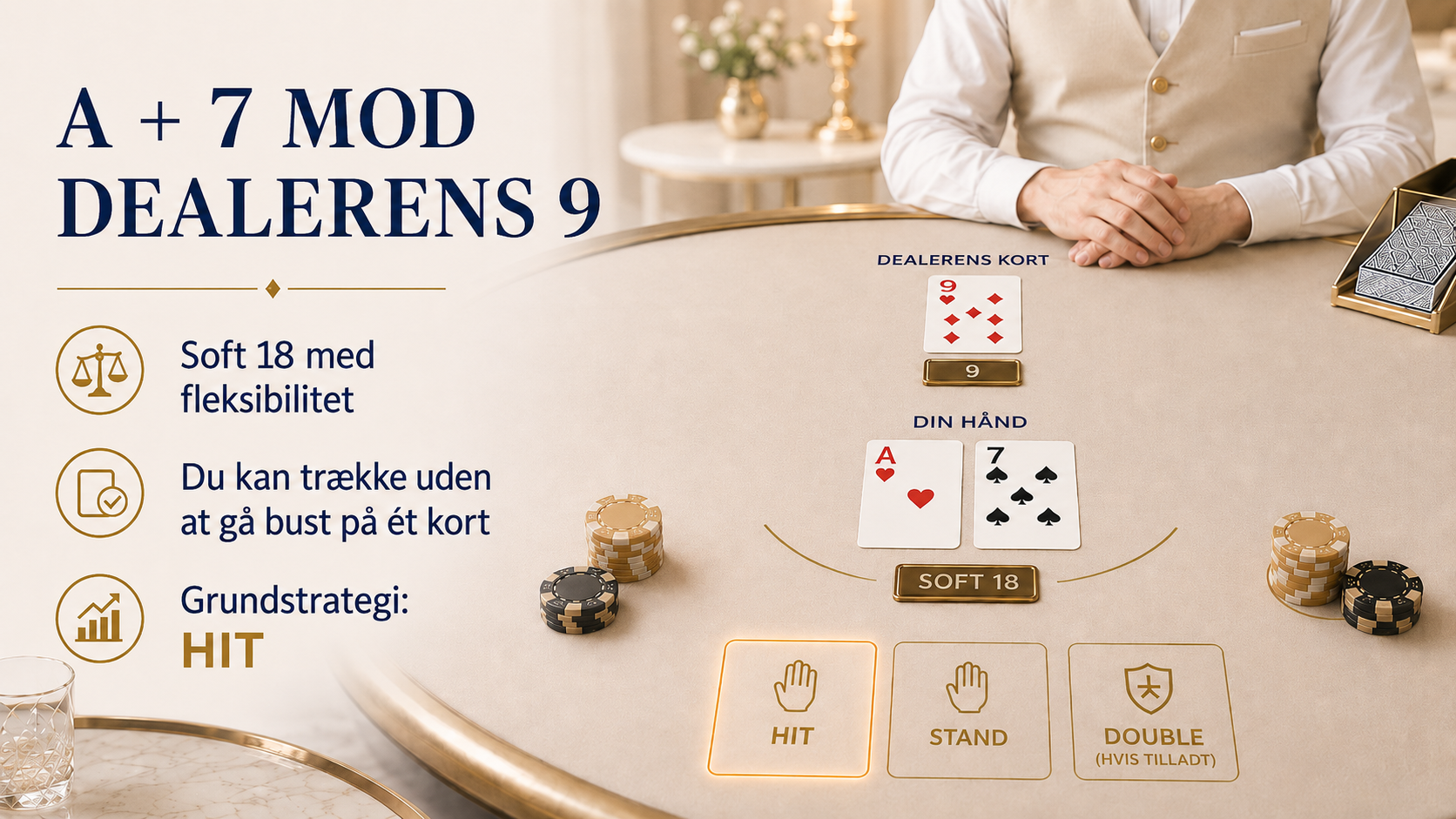 A plus 7 mod dealerens 9 – soft 18 er en fleksibel blackjack-hånd