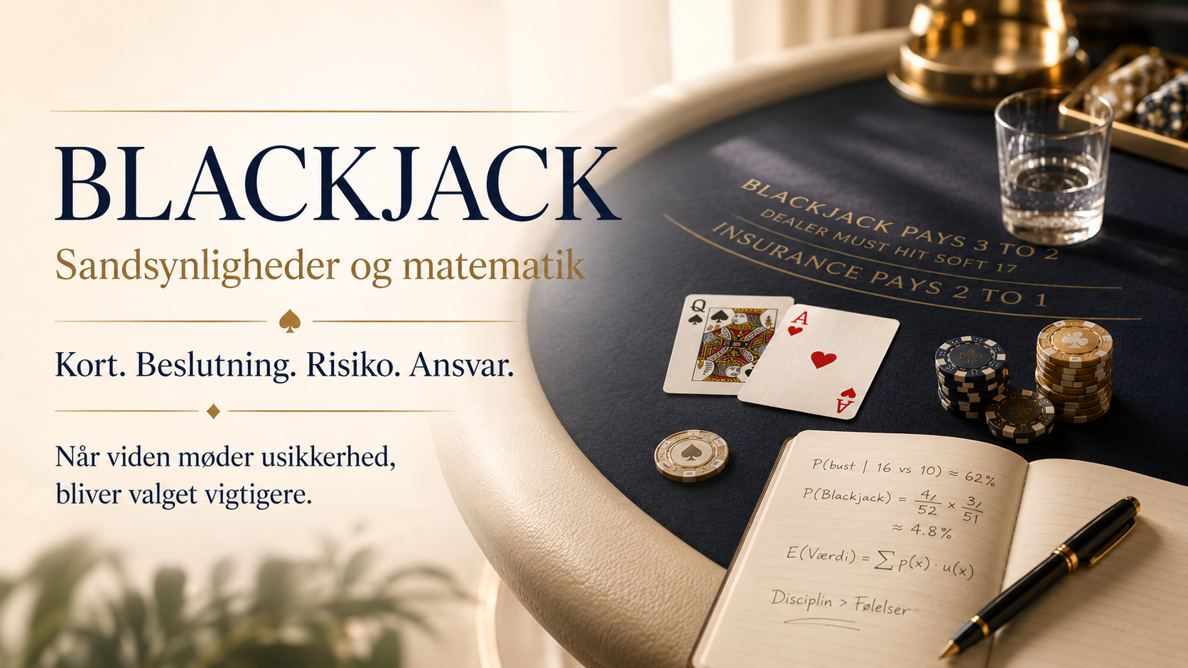 Afsluttende blackjack-billede om viden før valg, matematik, risiko og ansvar