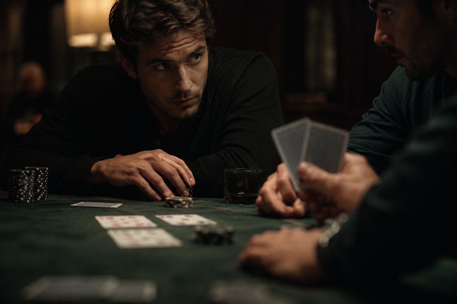 Pokerbord med psykologisk spænding og skjulte ansigter