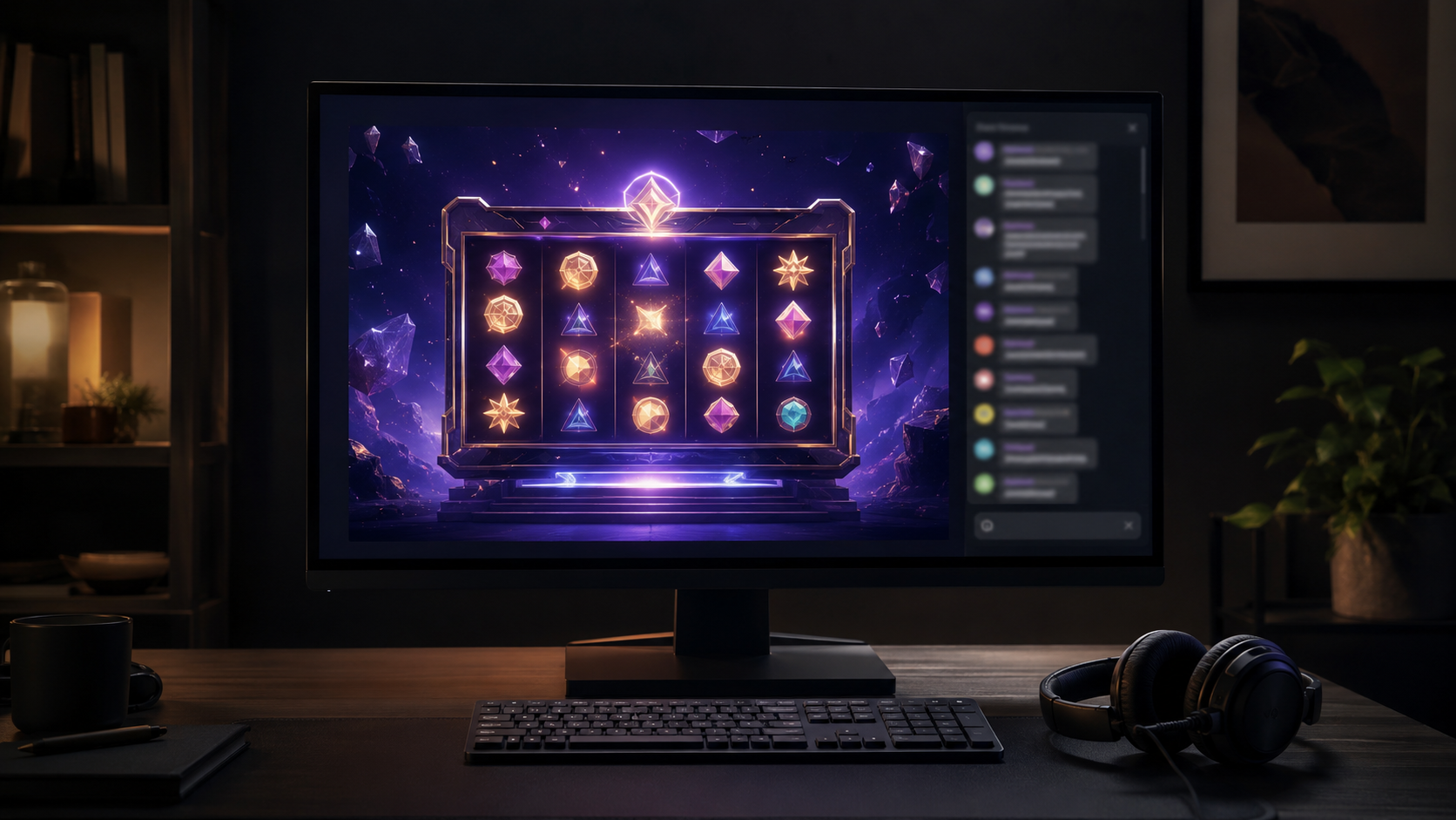 Skærm med abstrakt slotbonus, chatlignende sidepanel, tastatur og headset i moderne streamingmiljø.