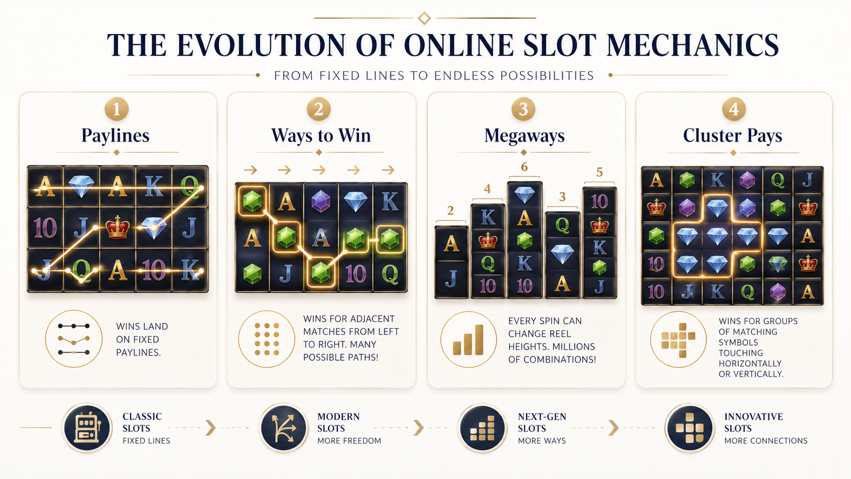 Infografik der viser udviklingen fra paylines til ways to win, Megaways og cluster pays i online slots.