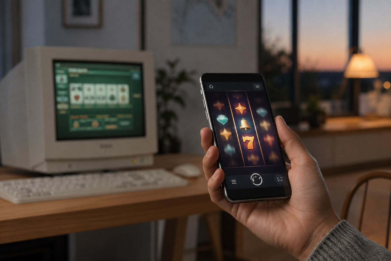 Mobiltelefon med online slot-interface i hånden og en ældre computer med slotspil i baggrunden.