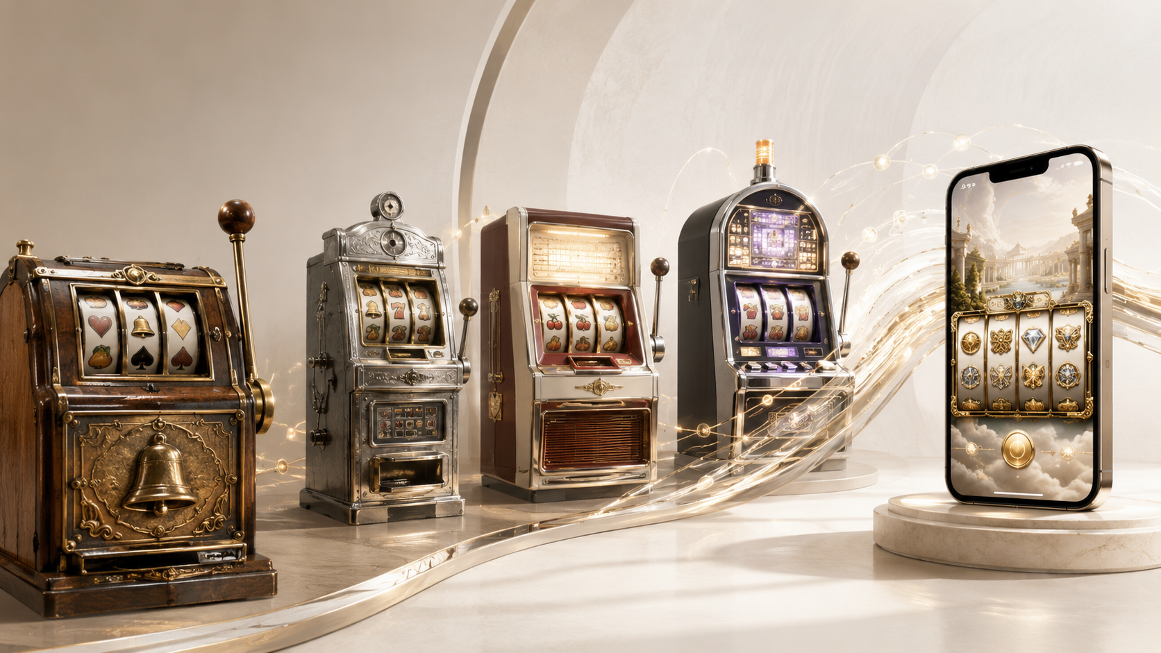 Illustration af spillemaskinens udvikling fra klassisk Liberty Bell-maskine til moderne online slots på mobil.