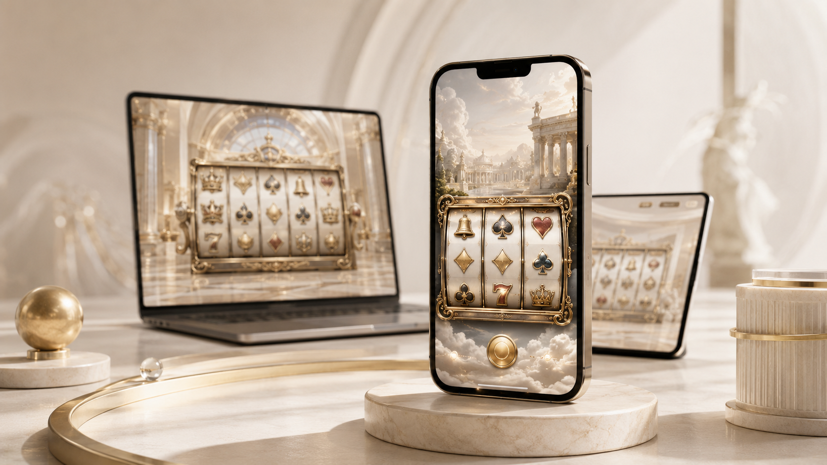 Moderne smartphone med online slot på skærmen som symbol på spillemaskinens udvikling fra fysisk maskine til mobilspil.
