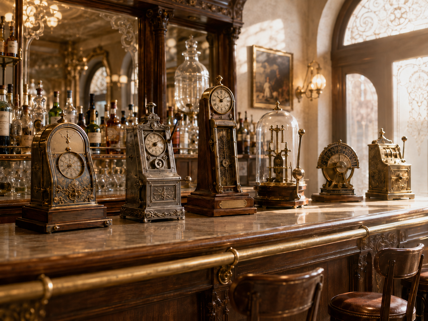 Historisk scene med tidlige møntdrevne apparater og trade stimulators i et bar- eller saloonmiljø fra slutningen af 1800-tallet.