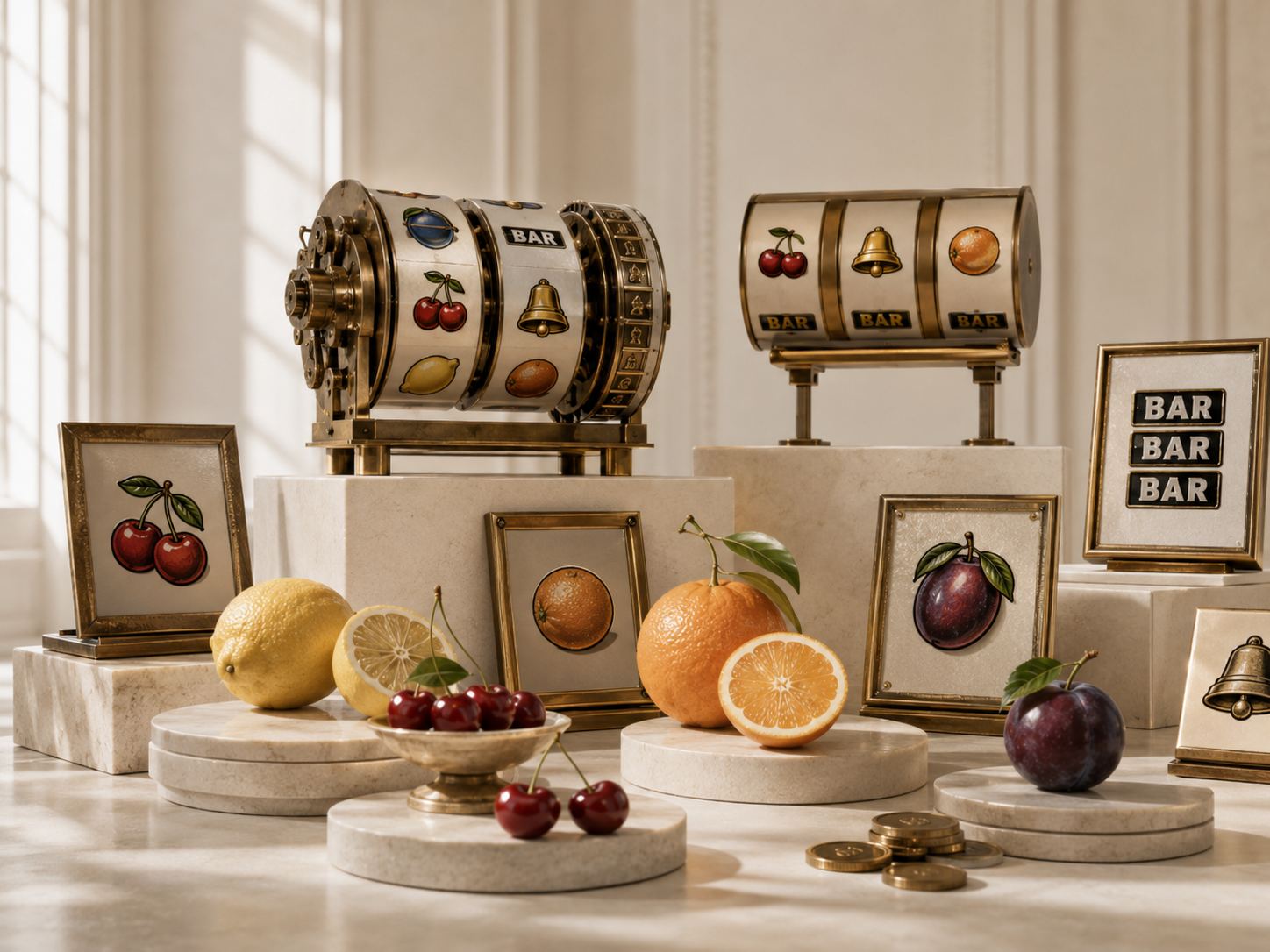 Still life med klassiske frugtsymboler, slot-hjul og BAR-symbol som del af spillemaskinens visuelle historie.