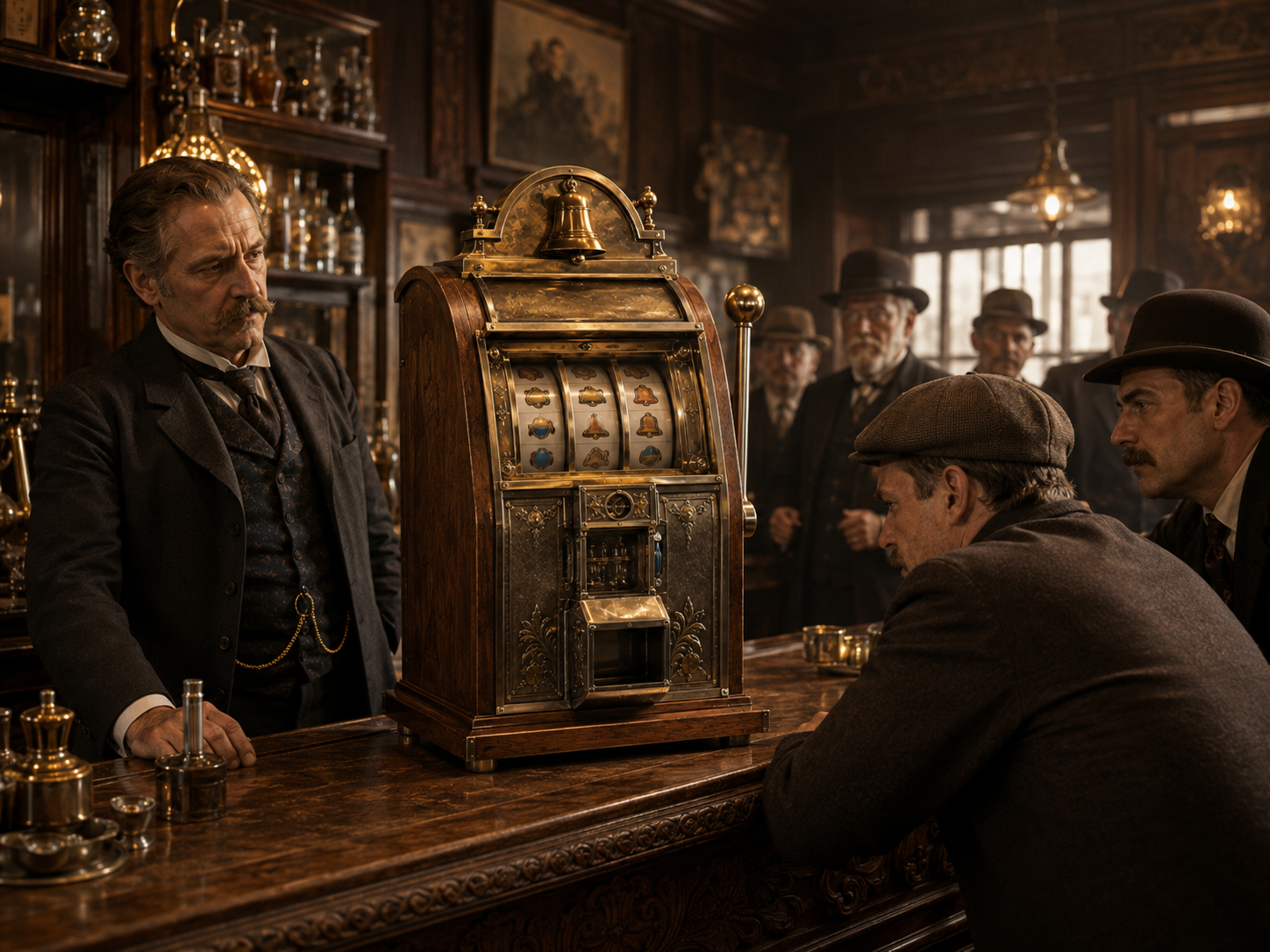 Historisk fortolkning af en klassisk spillemaskine i et tidligt 1900-tals miljø med alvorlig stemning og fokus på spillets kontroversielle side.