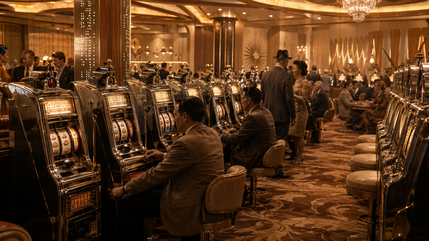Historisk scene fra Las Vegas med rækker af elektromekaniske spillemaskiner i et klassisk casino fra 1950’erne eller 1960’erne.