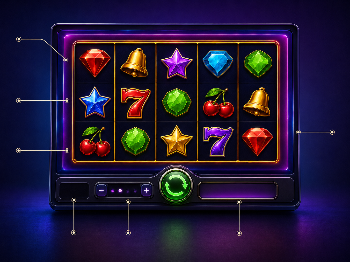 Anatomi over en online slot med spillefelt, hjul, symboler, spin-knap, indsats, saldo og gevinstvisning.