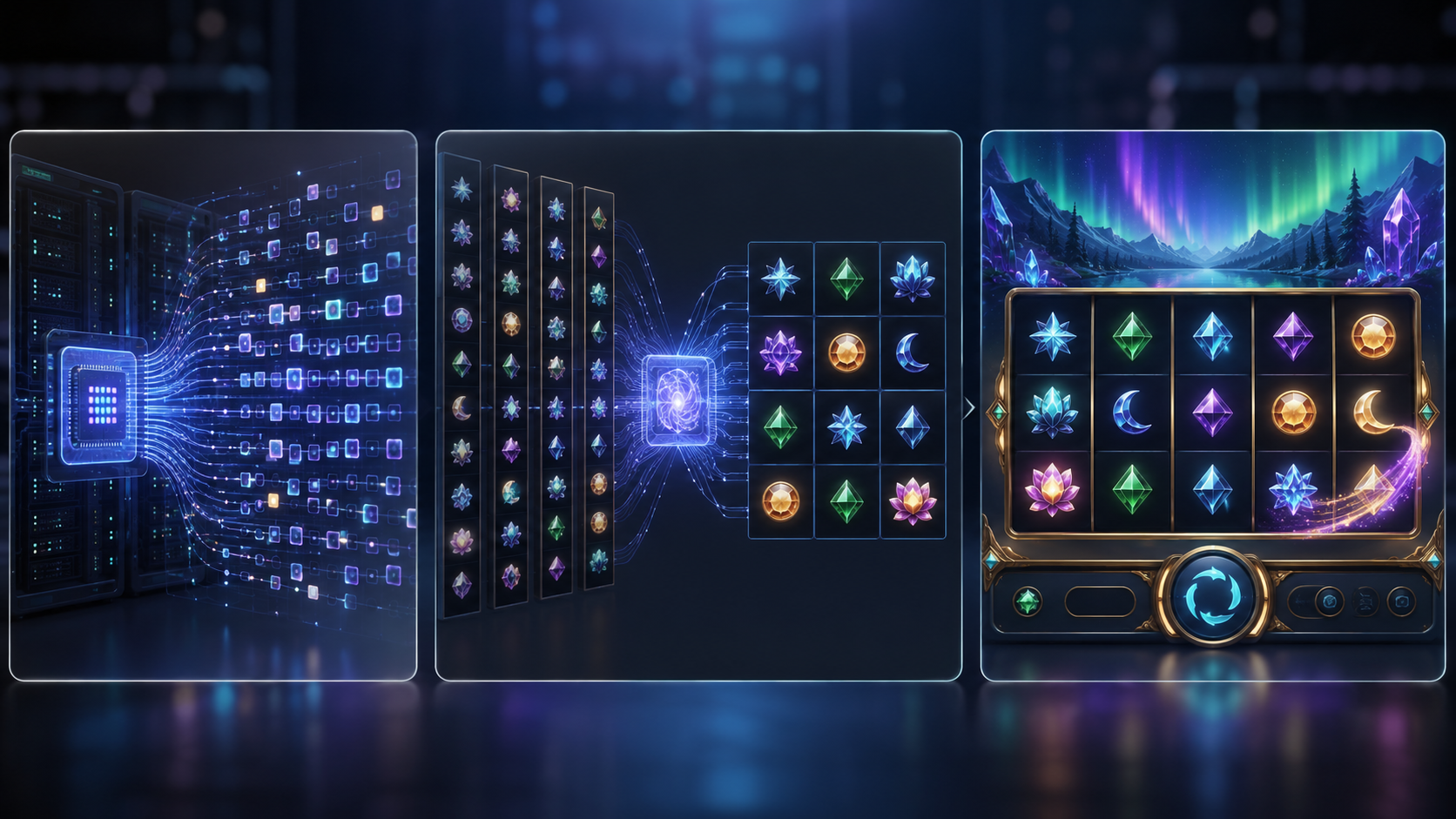Diagram over RNG, spillets regler og den synlige slotanimation fra digitalt udfald til skærmvisning.