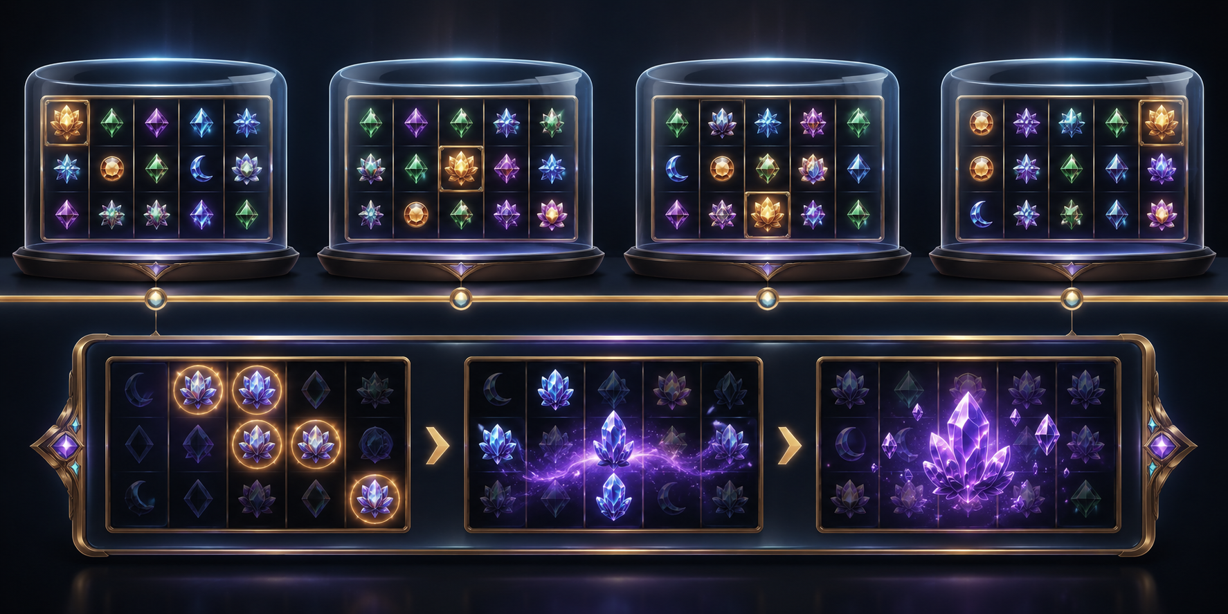 Serie af uafhængige online slot-spins vist som separate kapsler med egne udfald.