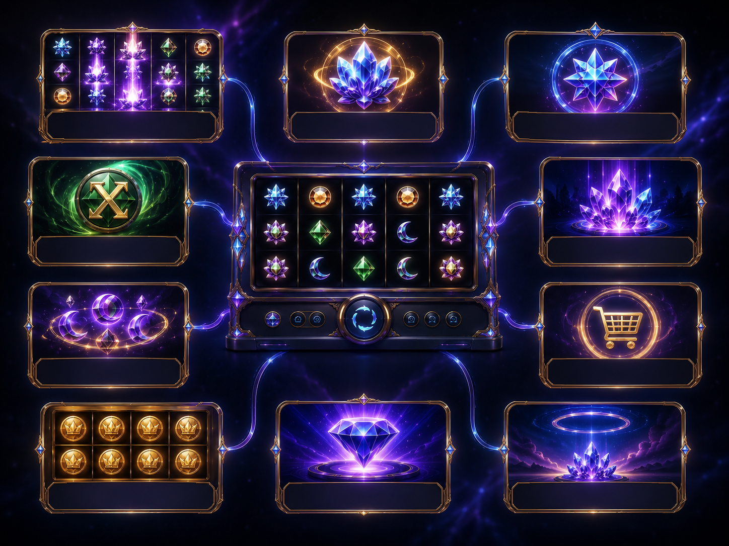 Effektkort over moderne slotfunktioner som wild, scatter, free spins, kaskader, multiplikatorer og jackpot.