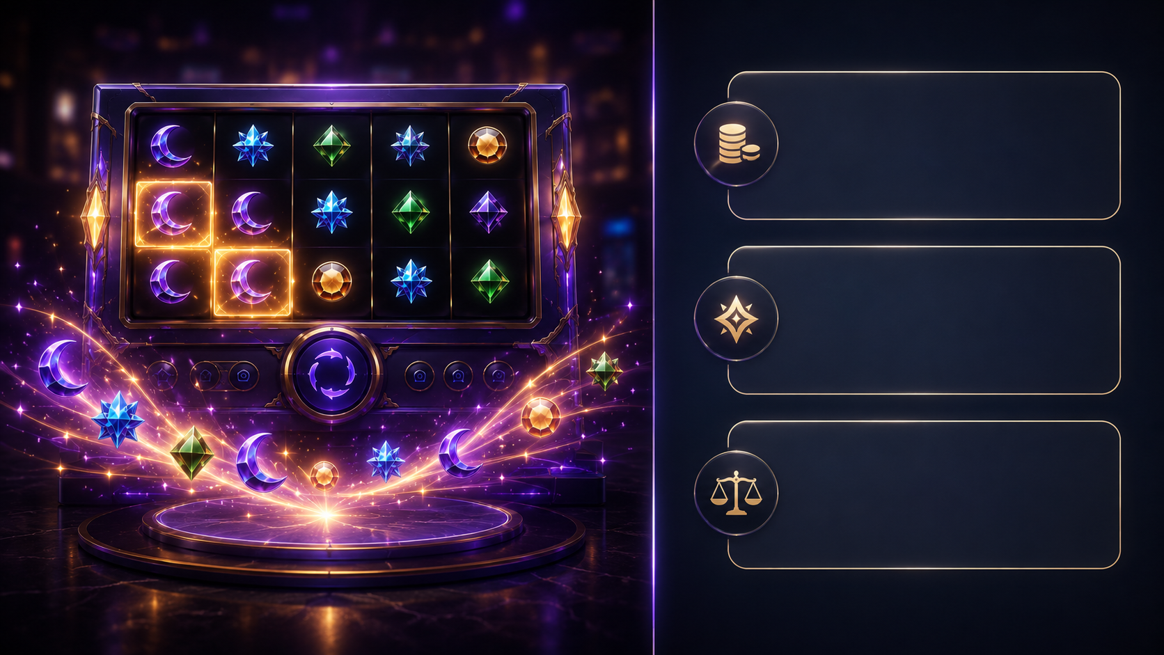 Online slot med lys og lyd på skærmen ved siden af et stille regnskab med indsats, udbetaling, netto og saldo.