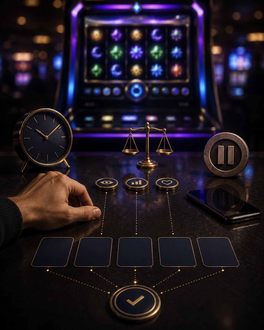Rolig opmærksomhedspause for online slots med tid, budget, pause og stop som spillerens kontrolpunkter.