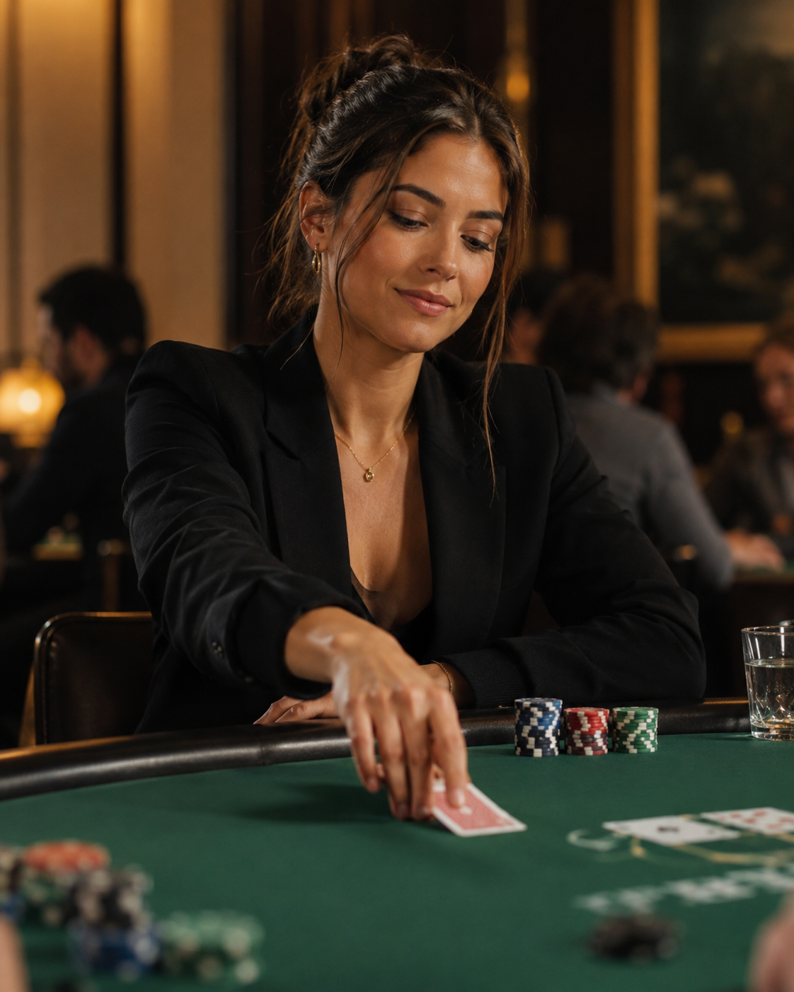 Kvindelig pokerspiller placerer kort ved pokerbordet med roligt udtryk.