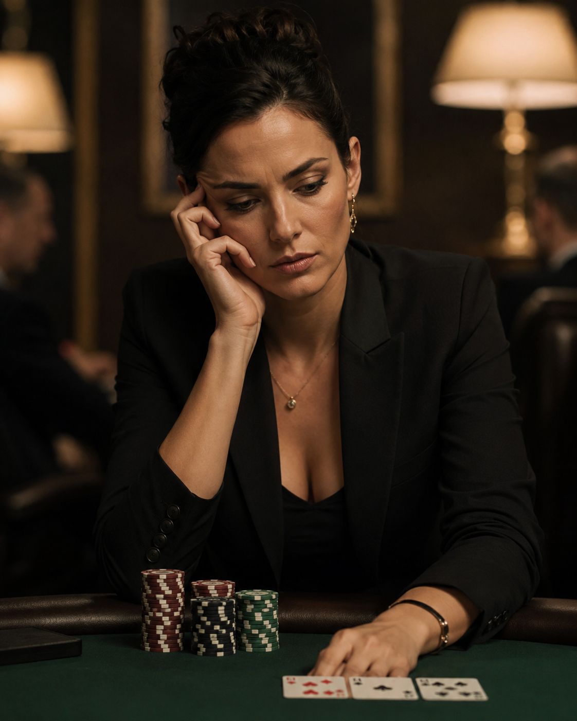 Kvindelig pokerspiller ser ned på kort og chips under pres.