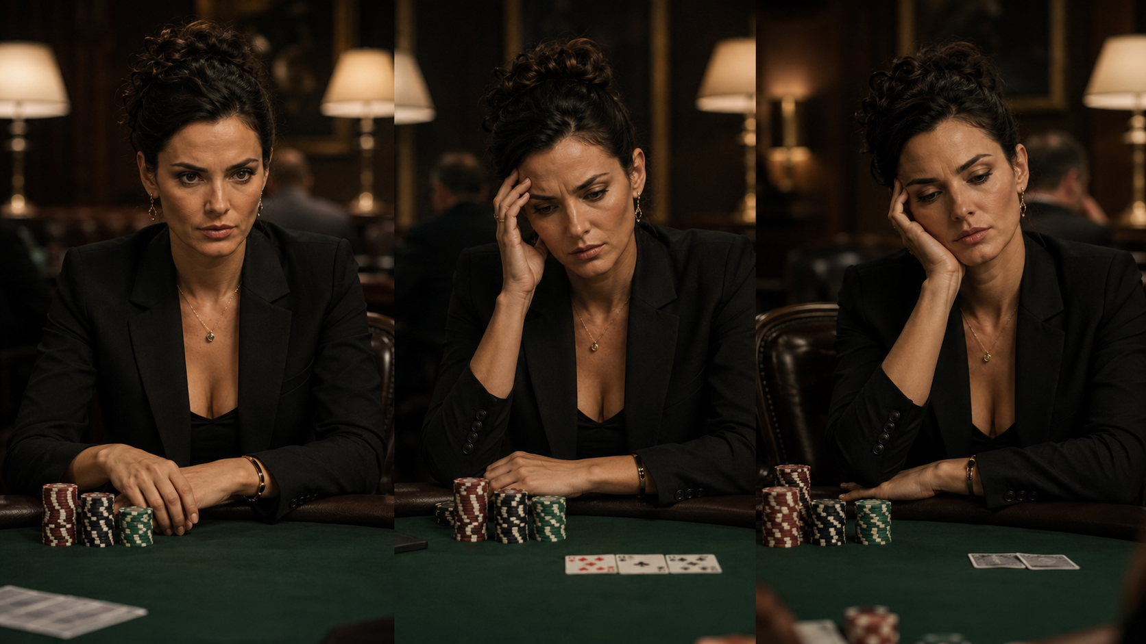 Samme kvindelige pokerspiller i tre mentale tilstande ved pokerbordet.
