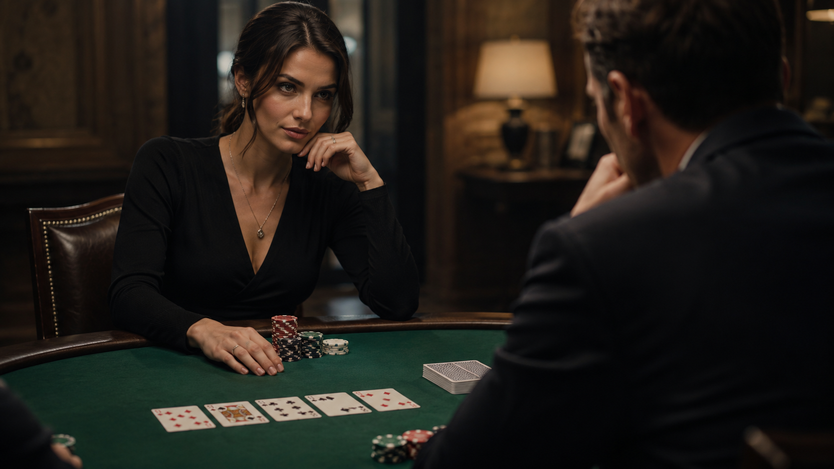 Kvindelig pokerspiller læser en modstander over et grønt pokerbord.
