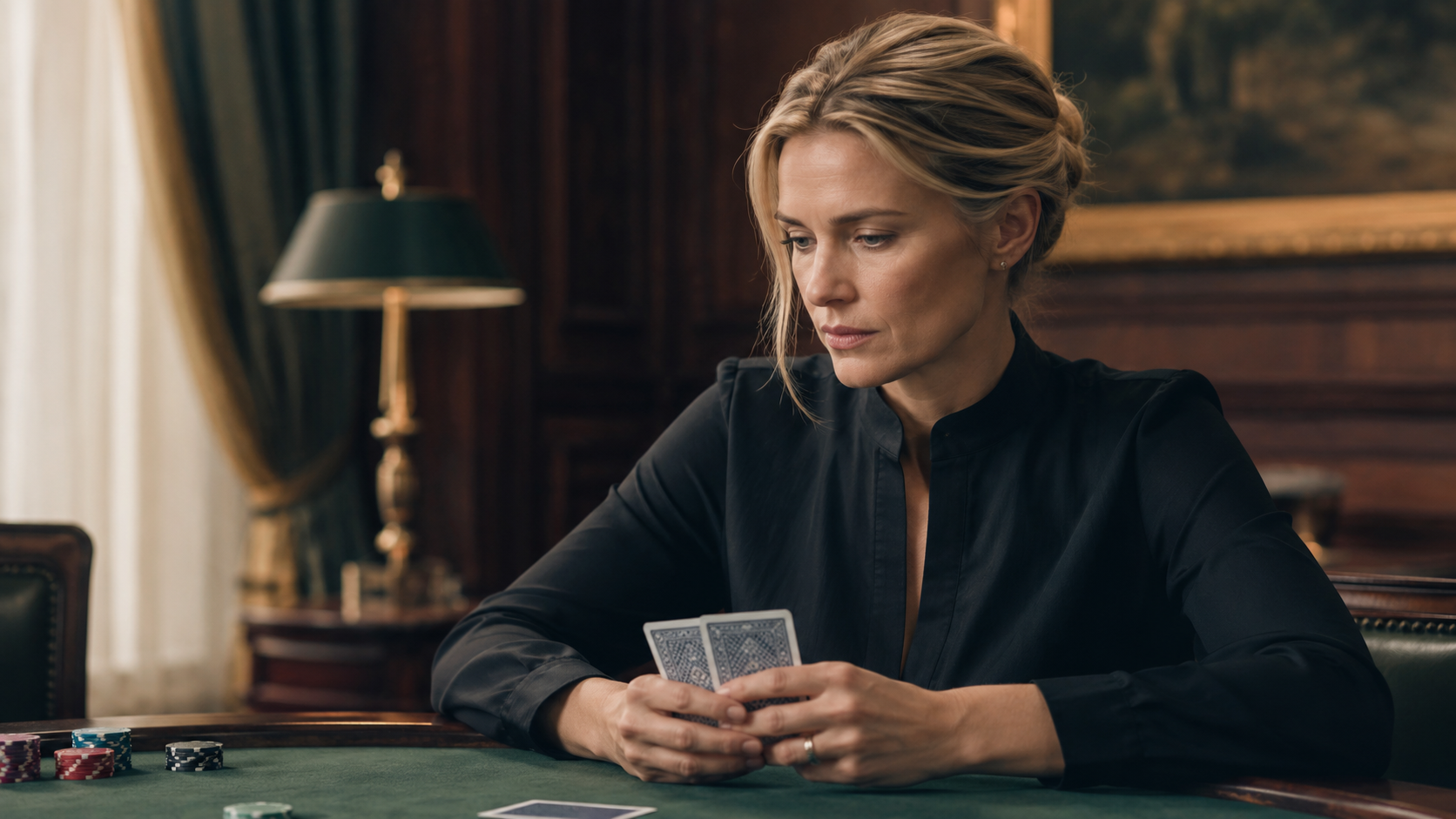 Erfaren kvindelig pokerspiller sidder roligt med kort i hånden.