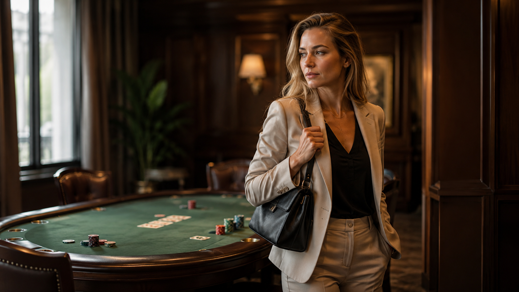Kvindelig pokerspiller forlader roligt et pokerbord med taske over skulderen.