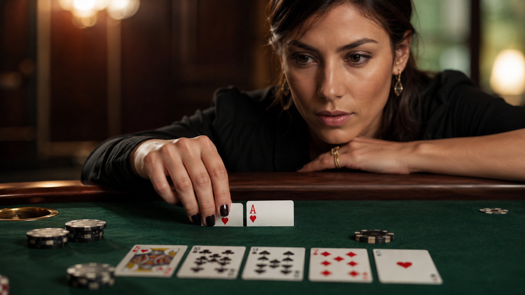 Kvindelig pokerspiller med esser foran sig og et farligt river-board på bordet.