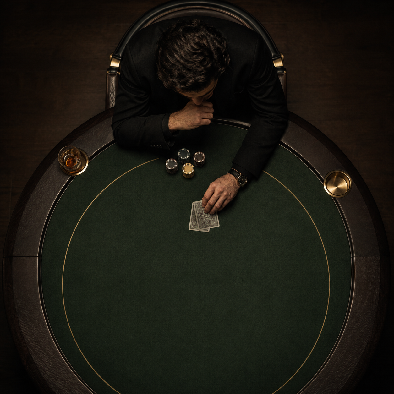 Pokerspiller set ovenfra ved et cirkulært grønt pokerbord.