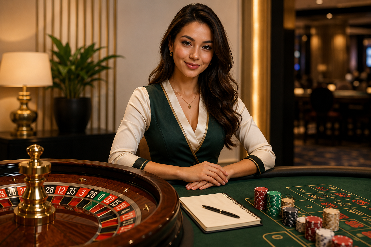 Kvindelig casino dealer ved roulettebord med notesbog og jetoner som symbol på en rolig og ansvarlig start med casino