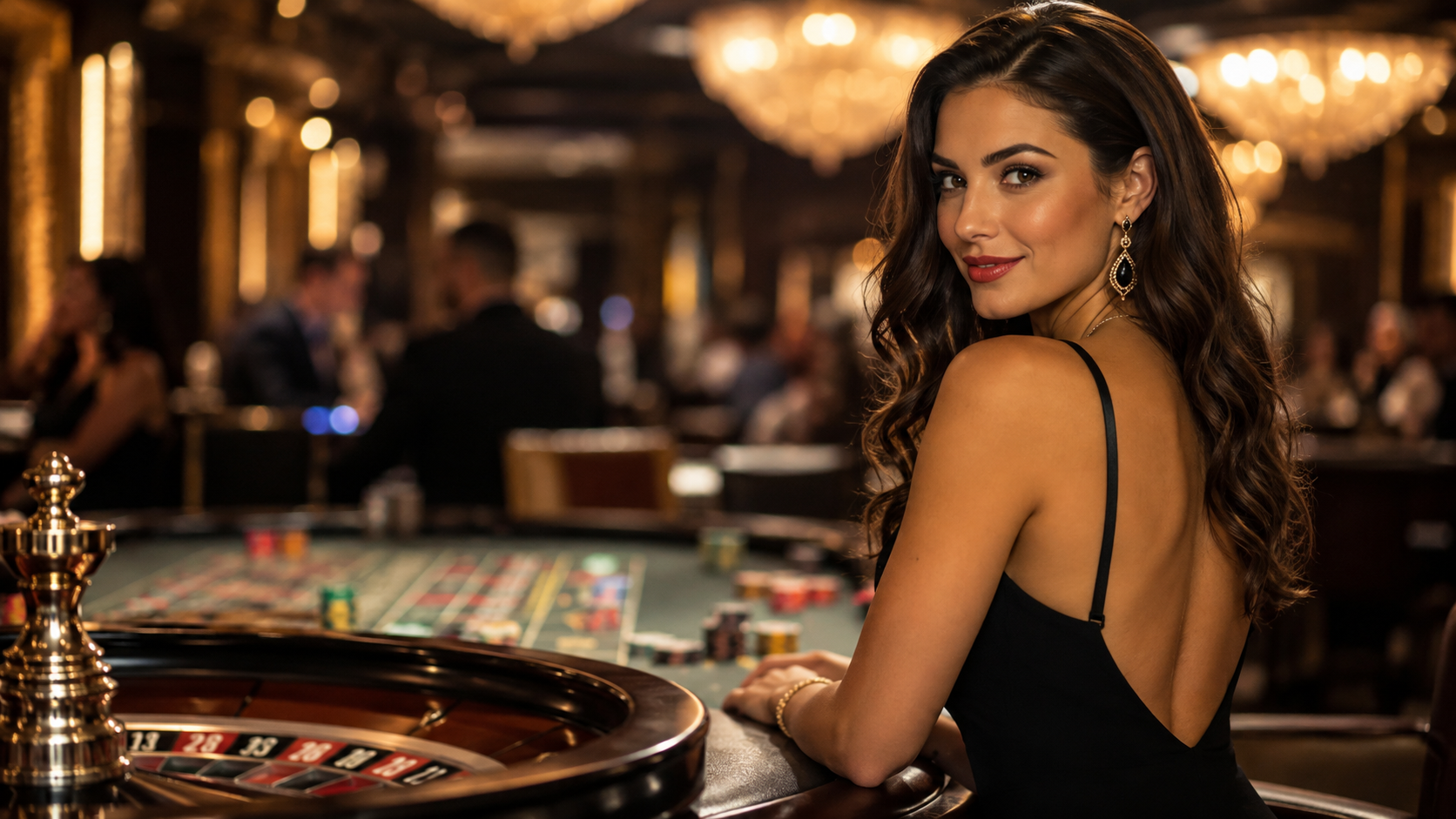 Elegant voksen kvinde ved et roulettebord i et eksklusivt casino-miljø